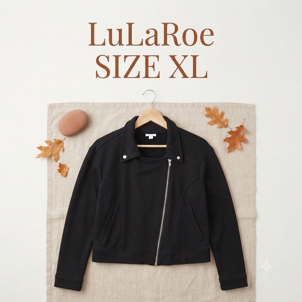 LuLaRoe Black Cotton Moto Jacket Asymmetric Zip‎ Edgy Minimalist Women's XL
